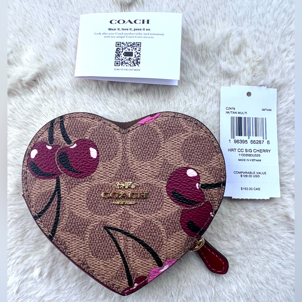 Coach CZ477 Leather Heart Coin Case With Cherry Print - Picture 3 of 6